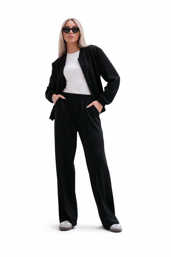 Luksusowy Komplet Damski Masełko Bluza Rozpinana + Spodnie Wide Leg Premium Soft Touch Elegancja & Komfort-CZARNY